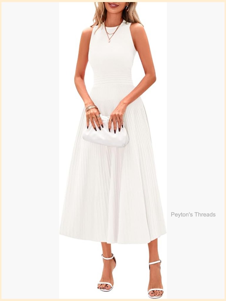 Sleeveless Crew Neck Midi A-Line Pleated Swing Dress Casual Work Cocktail